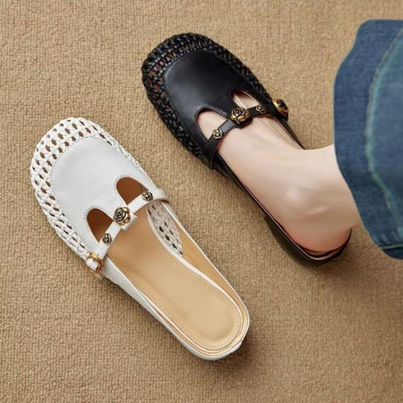 Round-toed Woven Shoes, Slippers, Women's Retro Mid-heel, Closed-toe, Half-flip-top Outerwear Shoes