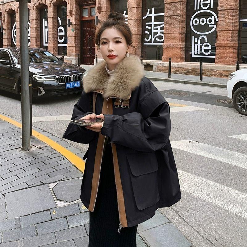 High-end fur integrated Parker cotton clothes women's winter new plush thickened large fur collar cotton-padded coat