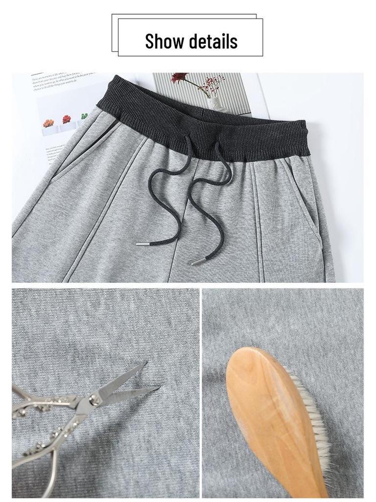 American Trendy Grey Curved-Leg Women's Plus Velvet Thickened Wide-Leg Sweatpants for Autumn/Winter