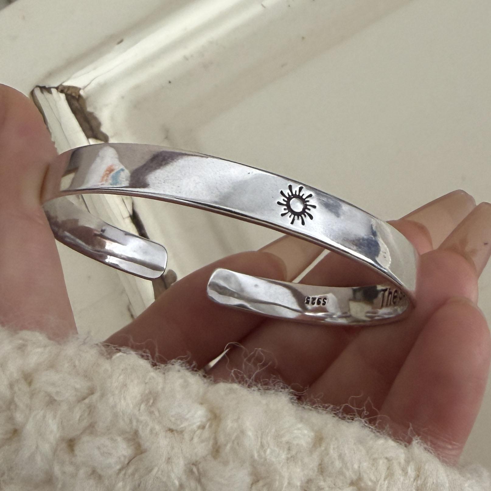 

100% Solid 925 Sterling Silver Retro Bracelet for Women Men Vintage Handmade Moon Sun Couple Simple Bracelet Birthday Gift