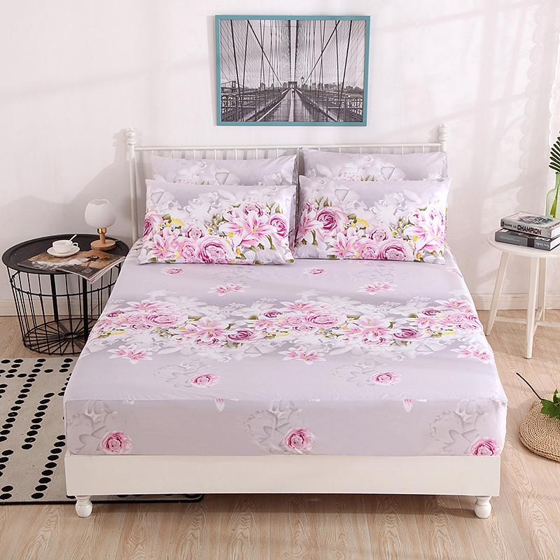 Plant Printing Bed Sheet Fitted Sheet with Pillowcase Elastic Bands Non Slip Adjustable Mattress Cover for Double King Queen Bed