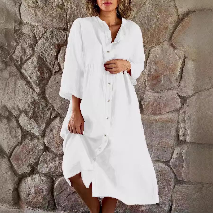 2023 Women's Cotton Linen Dress: Solid Color, Casual Stand-up Collar, Button-Down Long Dress