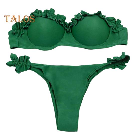 

Женский летний комплект бикини, 2 шт./компл., комплект бандо, бюстгальтер с рюшами и трусами со средней посадкой, купальный костюм с эффектом пуш-ап, разделенный дизайн, купальник M зелёный