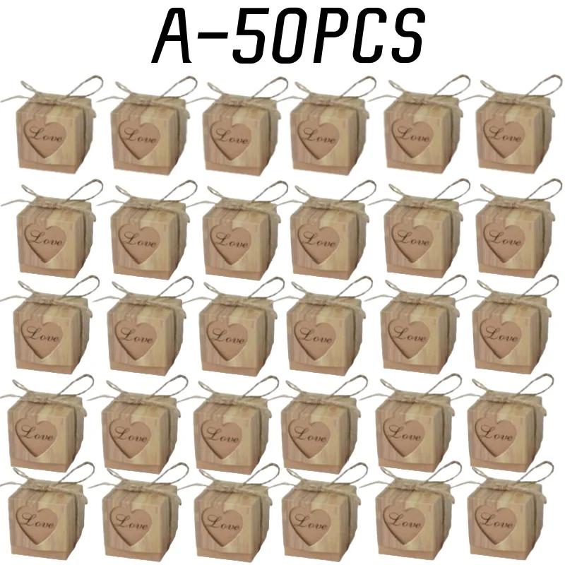 50 шт. Винтажная персонализированная коробка для конфет «Сделай сам», крафтовая коробка для конфет «Любовь», коробка для конфет в форме полого сердца с текстурой дерева, свадебная подарочная коробка для комплиментов 5X5X5CM