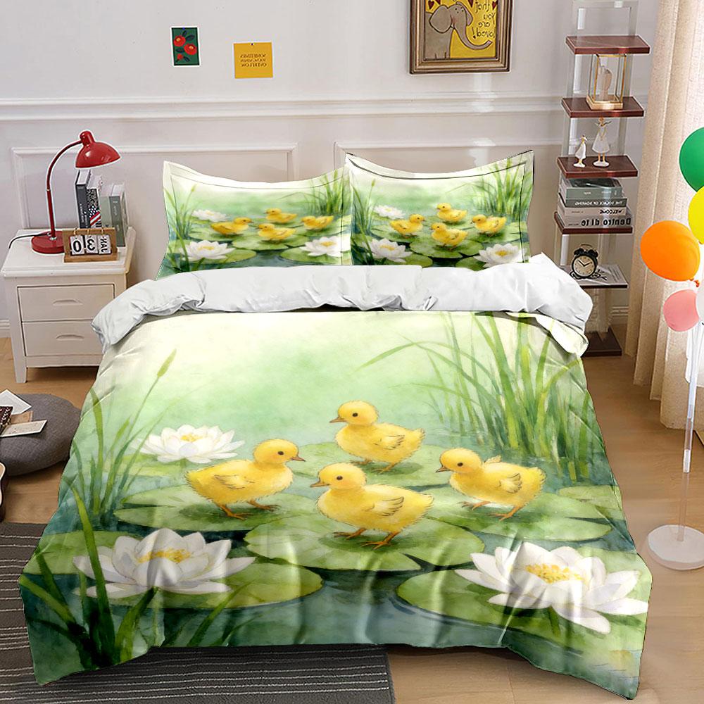 Ducklings Pond Decorative Artwork Set Soft Comfortable Duvet Cover Bedding Set Included 1*Duvet Cover & 2*Pillowcases, Gift