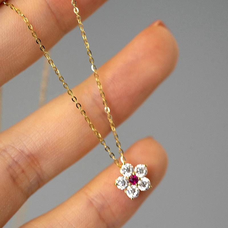 Flower Pendant Necklace, Pink/red Center Zircon