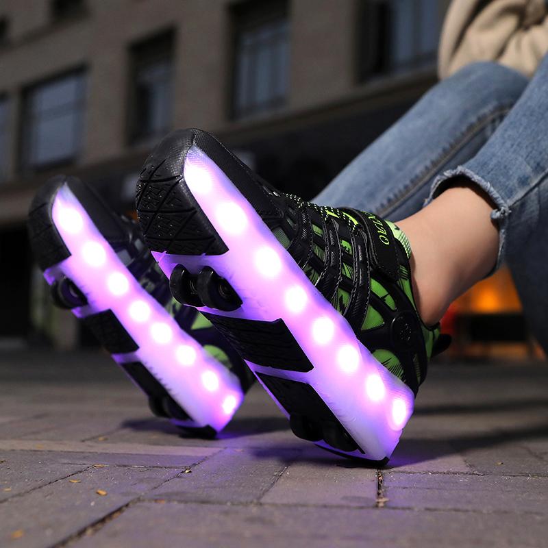 Four-wheel Roller Skates Children's Retractable Automatic Wheel Sports Shoes USB Charging LED Light Sports Shoes
