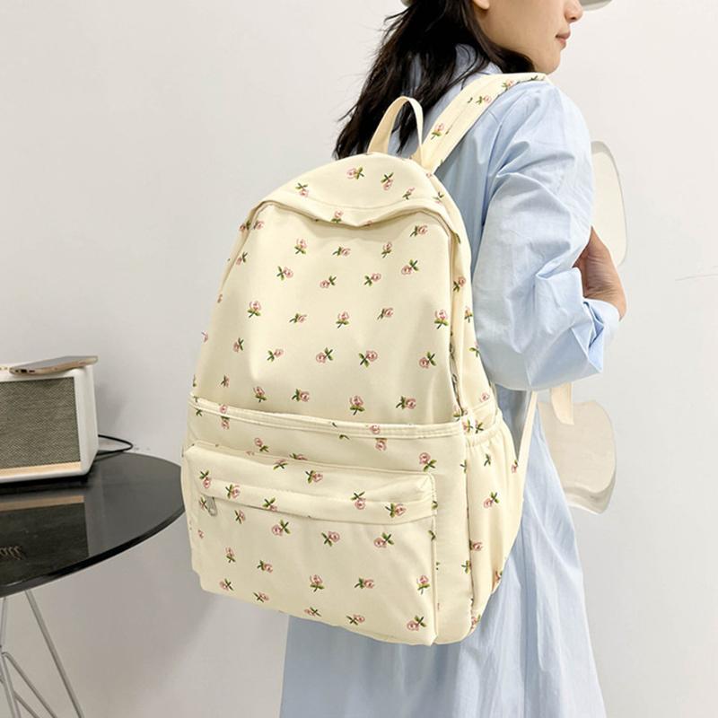 Blomstertrykk Nylon Søt ensfarget ryggsekker for kvinner Mote Årsak All Match Stor kapasitet Vanntett skulderveske Mochila