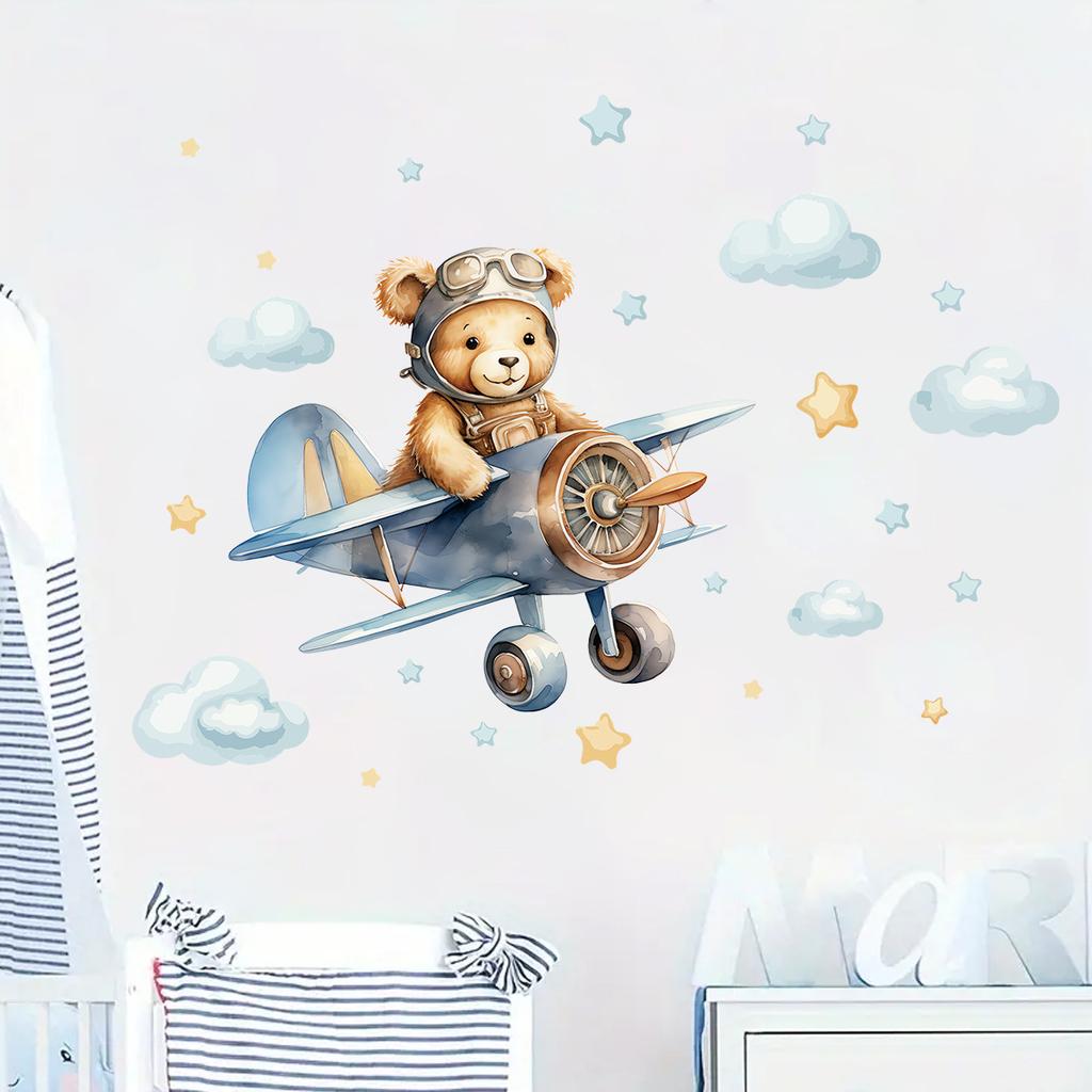 PVC Self-adhesive Wall Stickers for Kids Room Decoration Bedroom Cartoon Airplane Astronaut Bear Decals
