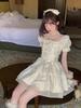 French square neck bubble sleeve pure desire dress waist temperament design sense niche sweet fairy short skirt summer