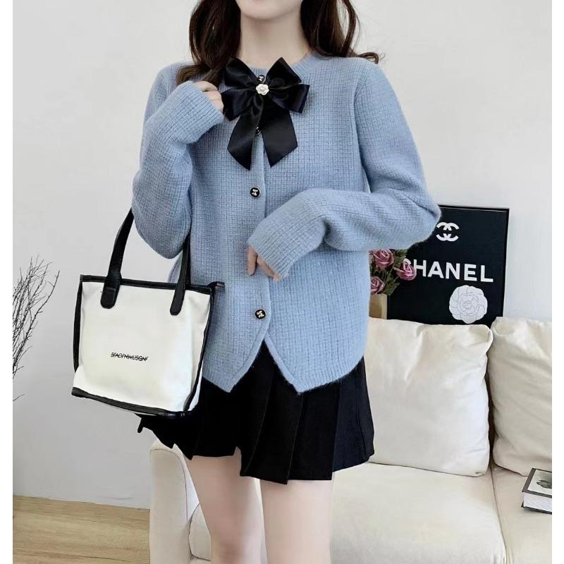 Spring and Autumn New Sweet Casual Design Jacket Women's Bow Crew Neck Fashion Knitted Cardigan Sweater Women's