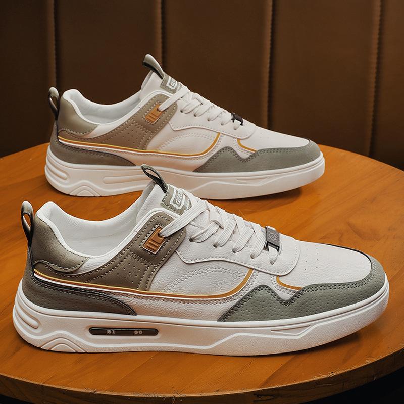 

2024 Autumn New Men Leather Casual Shoes Fashion Cool Patchwork White Flat Skateboard Shoes Man Leather Sneakers 44 бежевый
