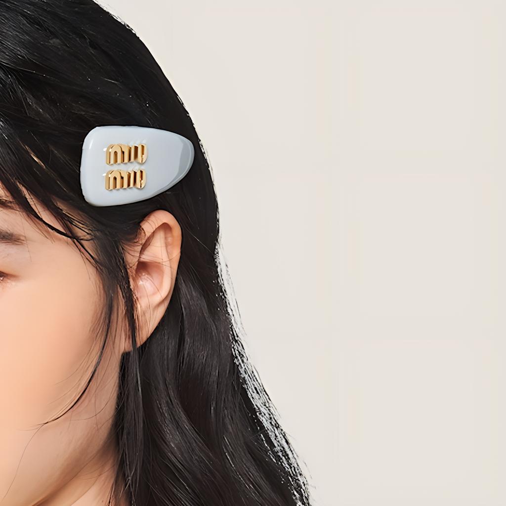 MIU MIU 3D Logo Letter Decoration Leather Metal Hair Clip Women Accessories Gray 5IF092_069_F0591
