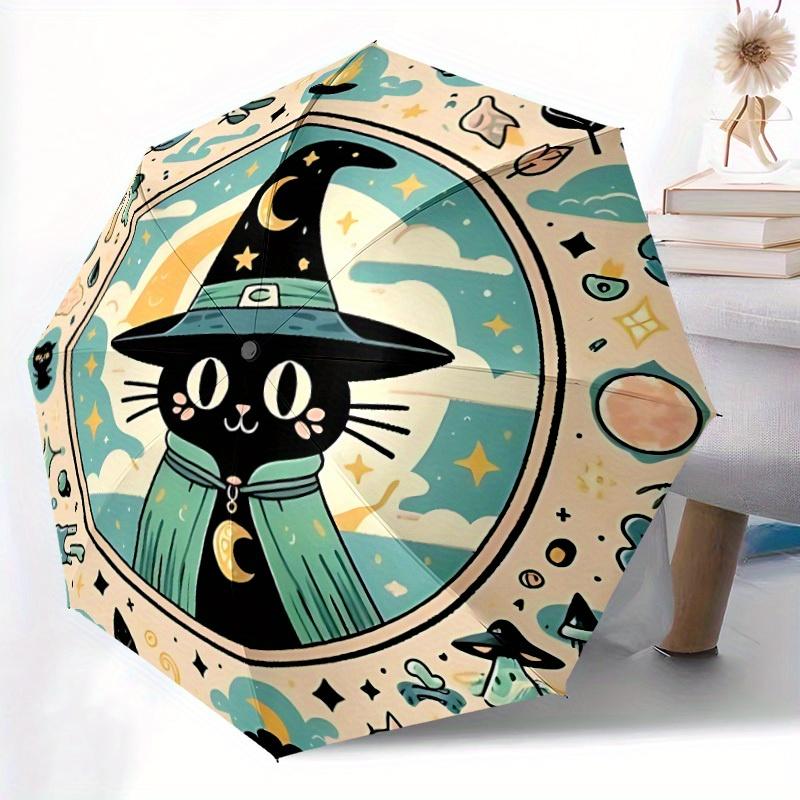 1 Stück Hexe Katze Automatisches Öffnen 8-Rippen Winddichter Regenschirm, Reise & Pendeln, Geeignet für Alle Jahreszeiten