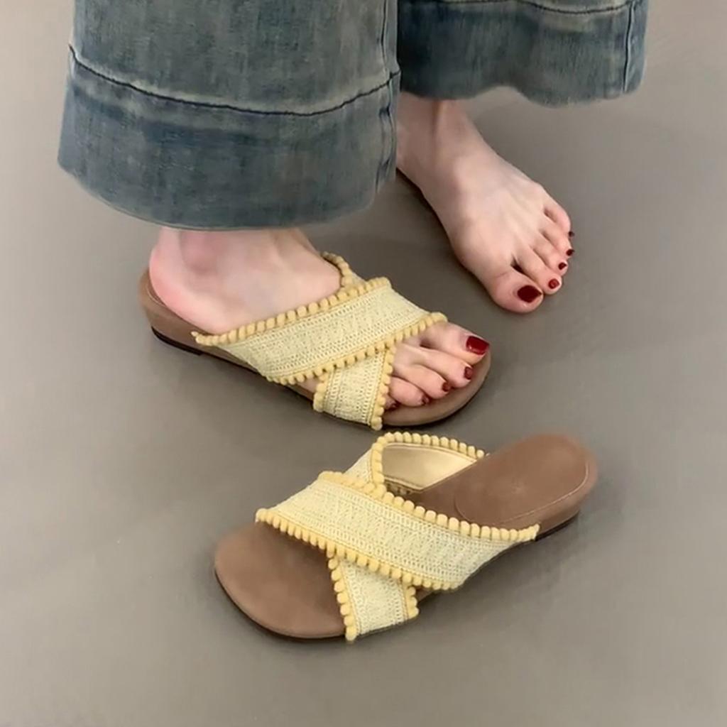 Thick-soled vacation wind cross with round head open-toed sandals women's one-pedal retro outer flat slippers