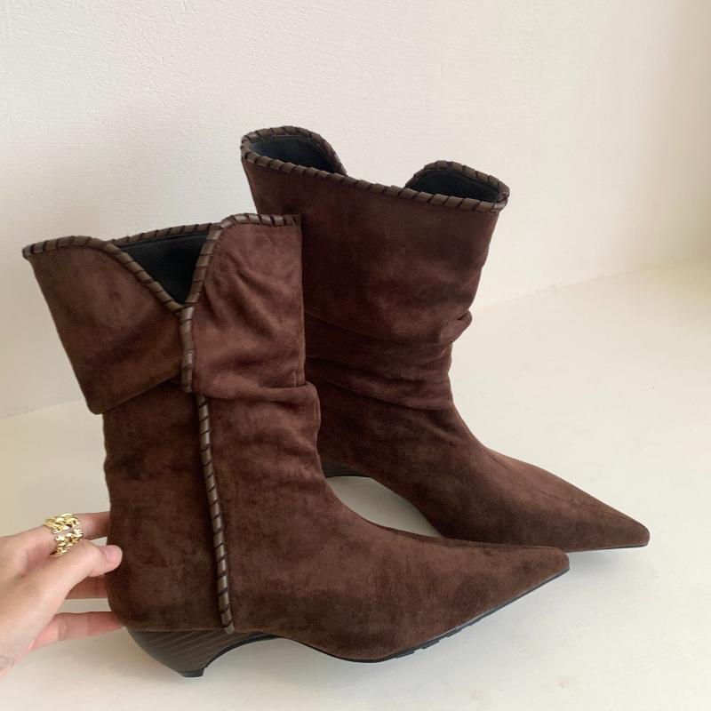 Autumn Winter Pleated Women Western Ankle Boots Elegant Pointed Toe Low Heel Shoes Female Vintage Slip On Short Booties