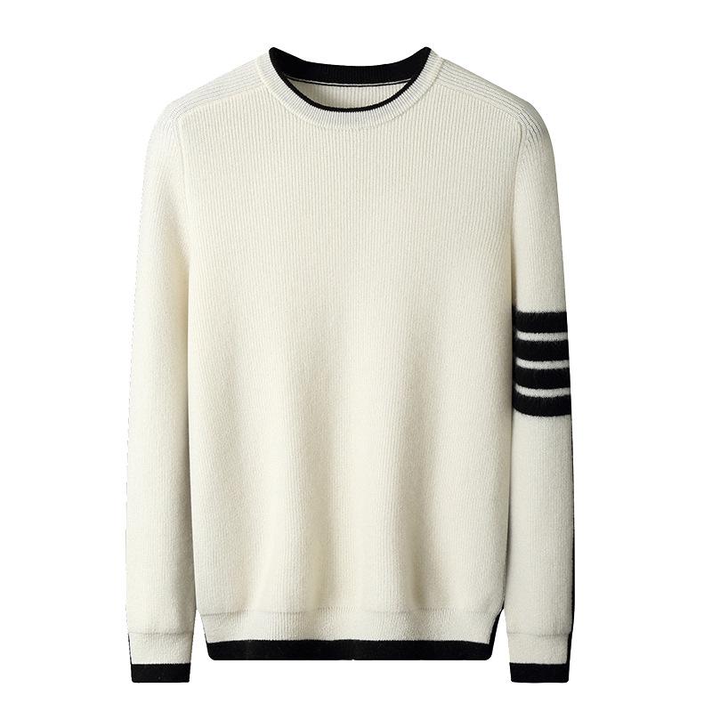Herrtröja i 100% ren ull med färgblock och rund hals - Lös stickning, avslappnad basplagg för höst/vinter