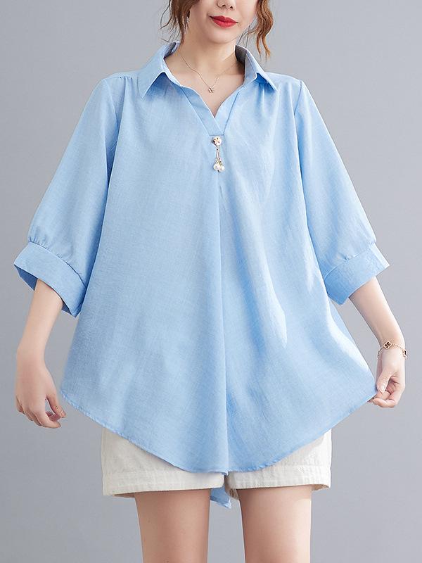2026 Stylish Cotton Linen V-Neck Casual Plus Size Shirt with Belly Coverage and Wide Hem
