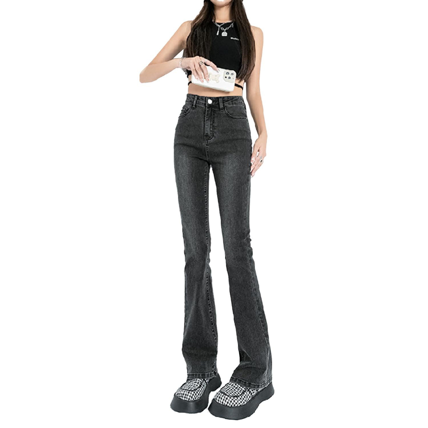 VYOOU Flared and Flared Denim Pants Size Women s Jeans, High-Waisted, Slit-Lengthening, Elastic, (Gray, L) серый