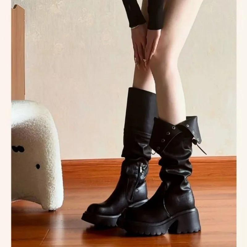 Fashion Pleated Thigh Boots Women's 2025 Autumn Winter Platform Knee-High Small Tall Knight Boots