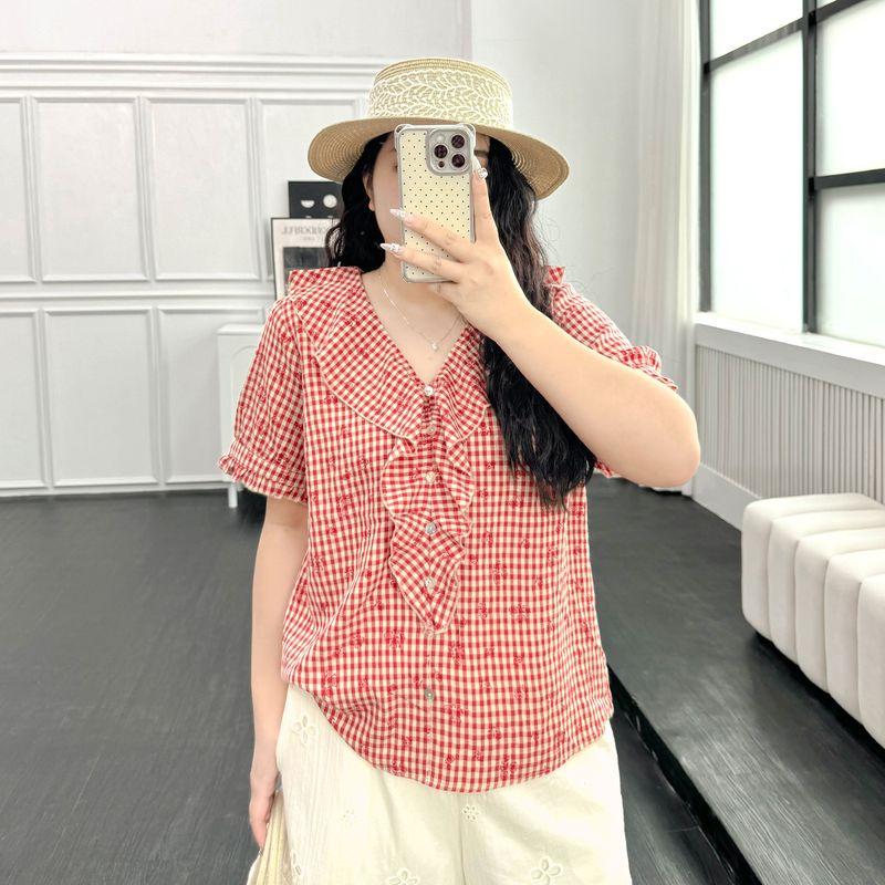 

Plus size women clothing [French style Plaid Shirts] Summer Loose High-Grade Exquisite Print 100.00kg Short sleeve Top