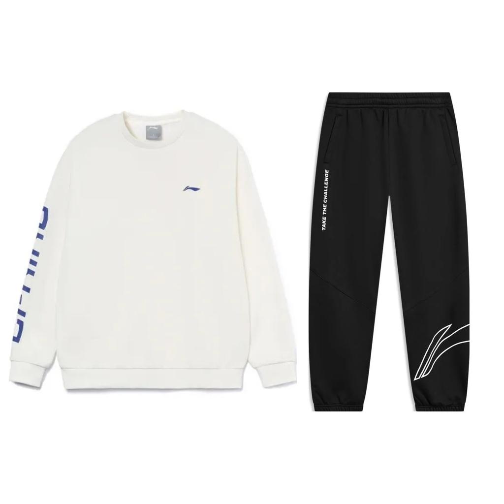 Li-Ning Letter Logo Printed Warm Fleece Loose Pullover Sweatshirt And Cuffed Knit Elastic Waist Long Pants Casual Sports Suit AWDRF44-3+AKLTD71-1
