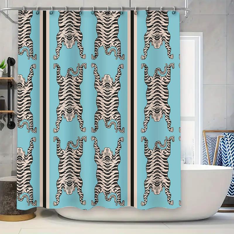 

Patterned Shower Curtain With 3D Animal Design, Featuring A Blue Background With Black Stripes On Top. Ideal For Bathrooms In Ho W60H190(CM)-1 Pcs