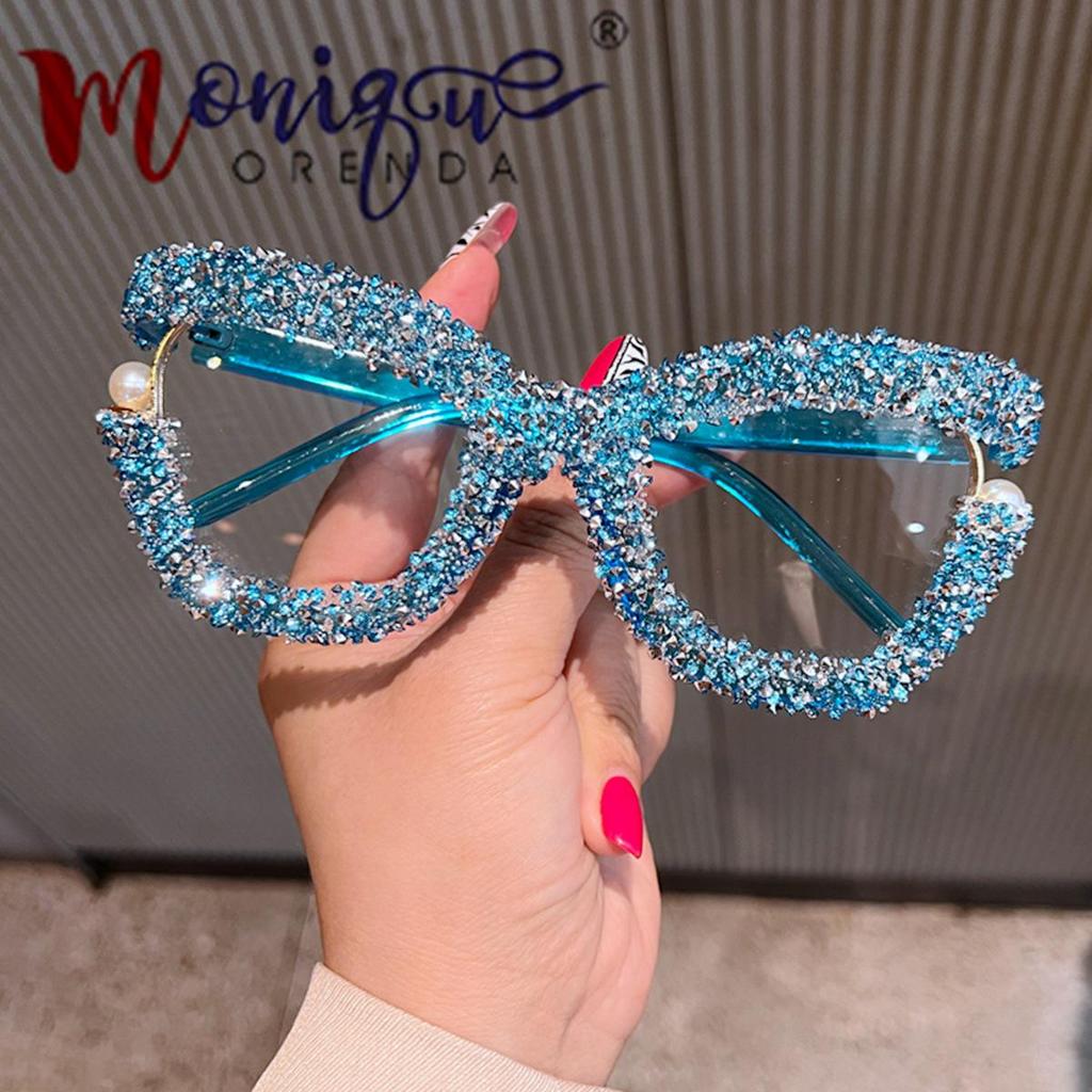 Candy Color Large Frame Pearl Rhinestone Decor Anti-Blue Light Glasses