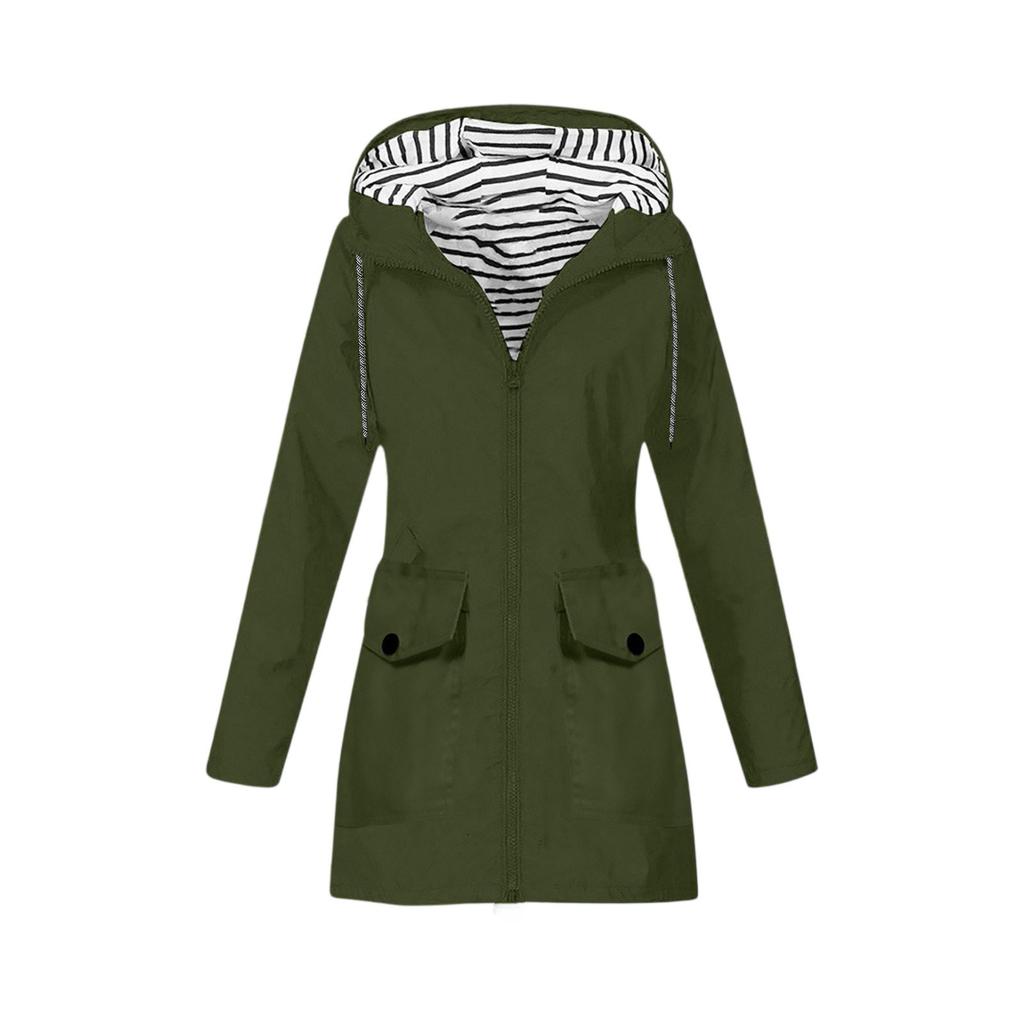 Women Stripe Rain Jacket Outdoor Plus Hooded Raincoat Windproof