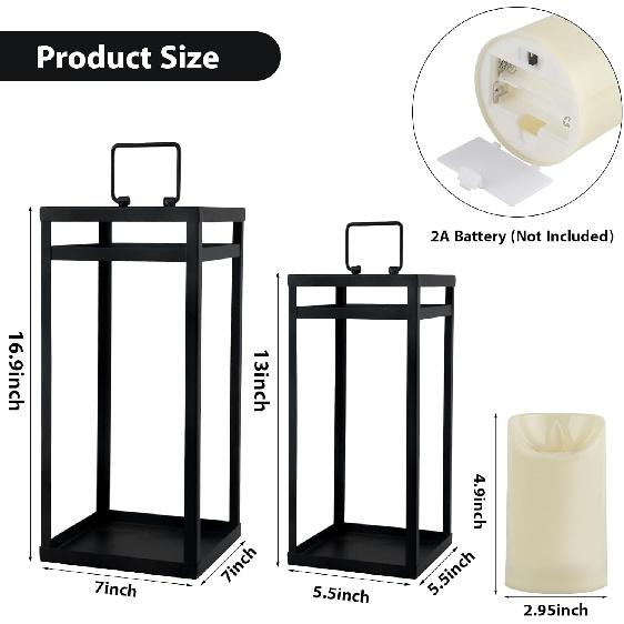 Modern Farmhouse Lantern Decor, 2Pcs Metal Candle Lanterns with Flameless Candles Black Decorative Lantern for Front Porch Covered Patio Dining Table