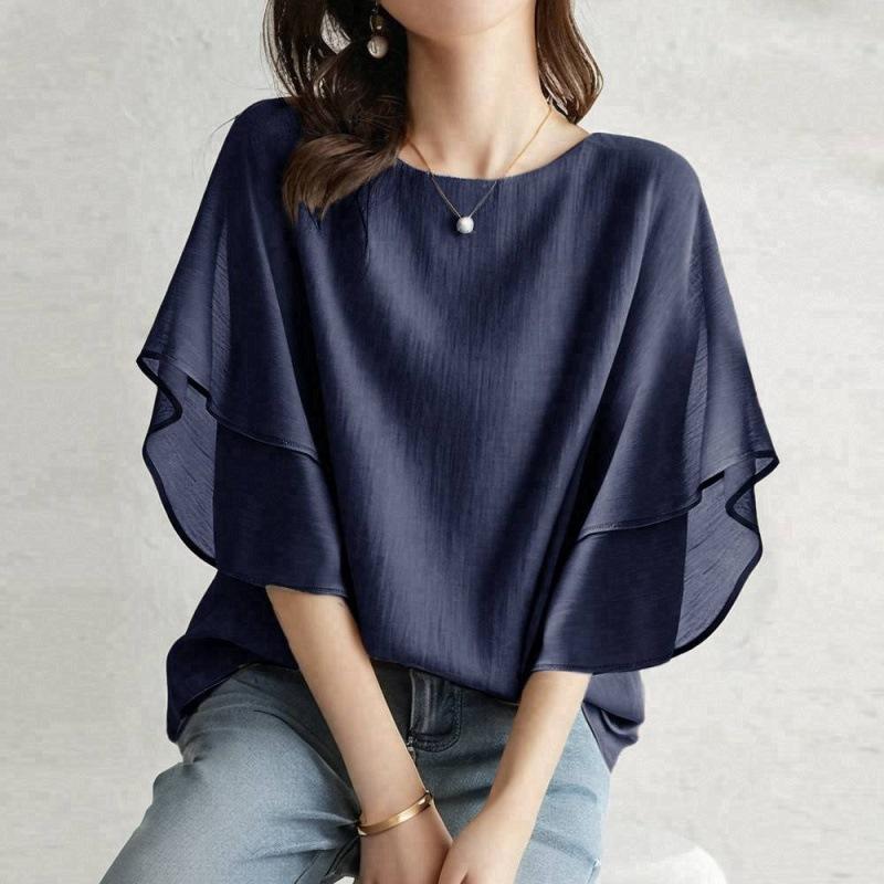 Top Estivo da Donna in Chiffon con Maniche a Pipistrello, Nuova Blusa Casual Traspirante a Maniche Corte Larga con Girocollo