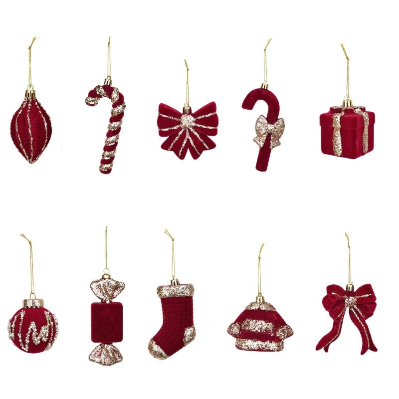 Wine Red Christmas Decorations with Soft-Looking Textured Finish, Gold Trim, and Hanging String for Holiday Tree and Porches