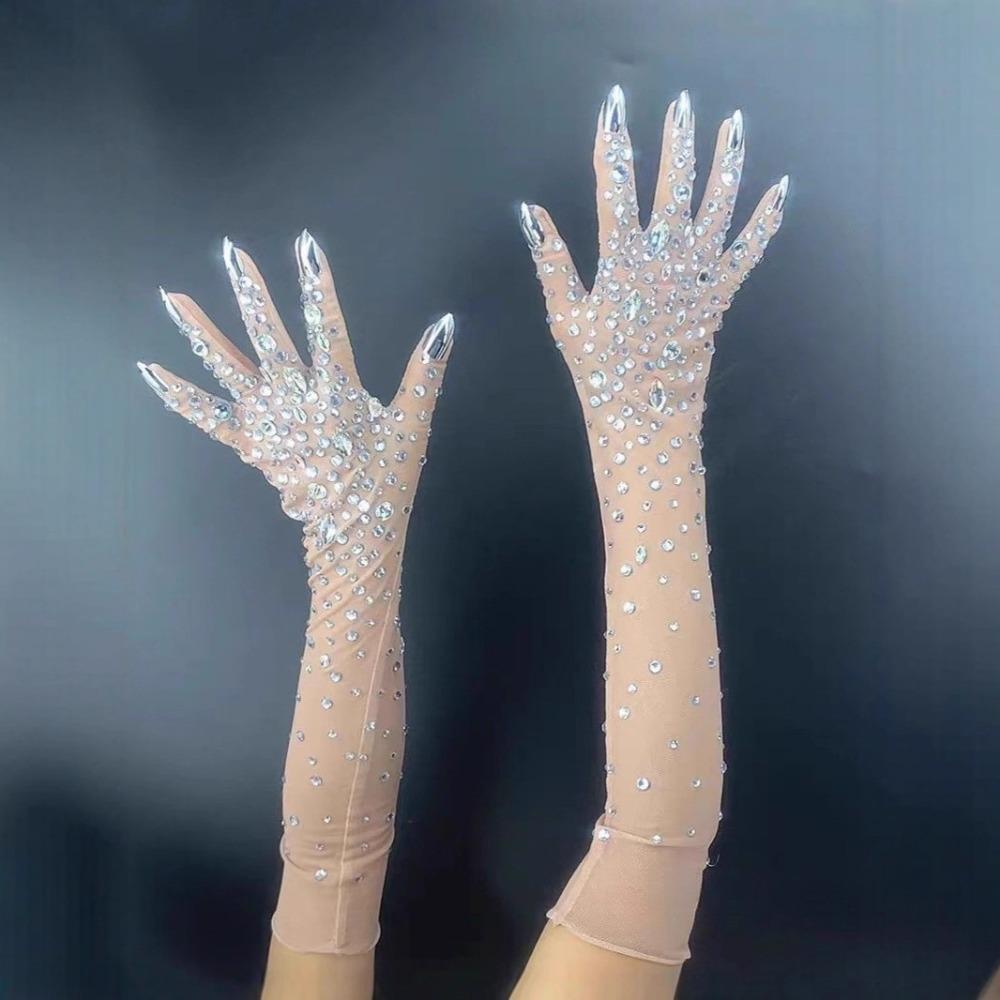 

Luxurious Rhinestone Gloves Sparkling Wedding Gloves Dancer Singer Stage Wear Accessories серебряный