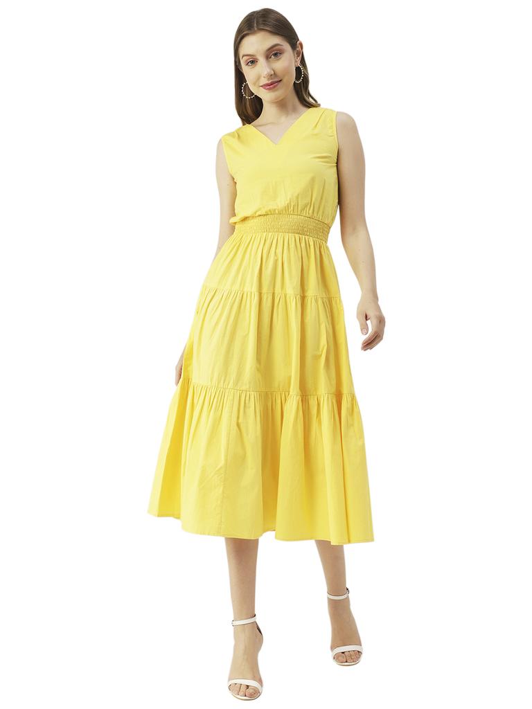 Moomaya Solid Cotton Sleeveless Dress, V-Neck Smocked Waist Tiered Midi