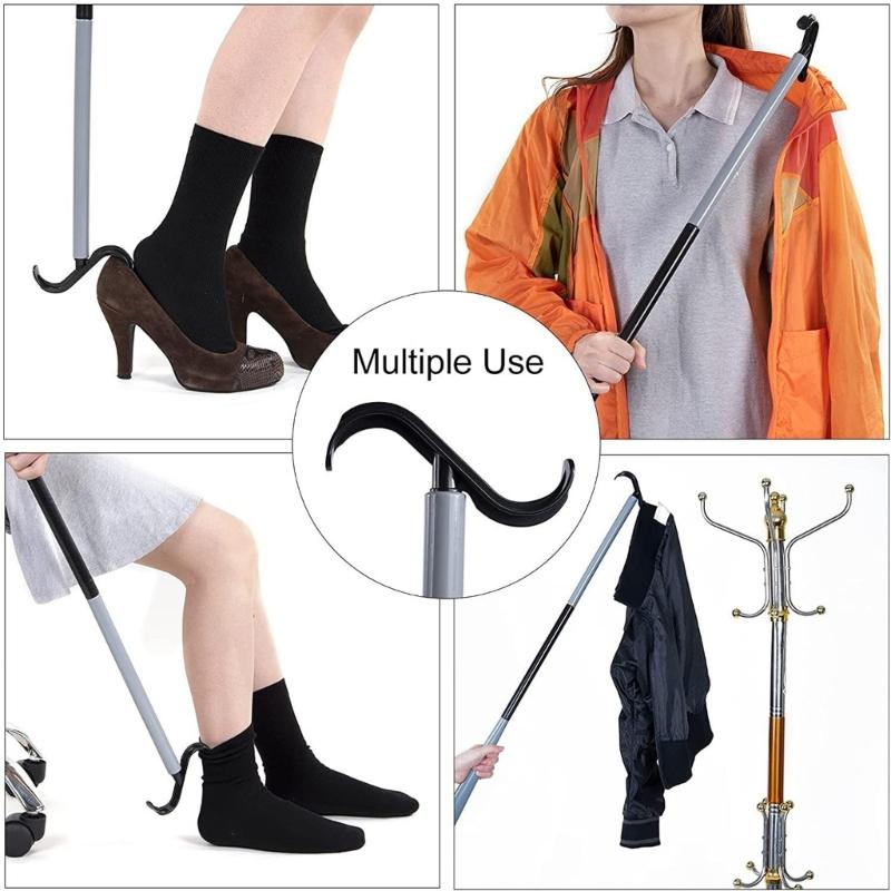 35" Long Handle Shoe Horn for Seniors Unisex Plastic Dressing Aid Stick with Sock Removal Tool Adjustable Extended Stick