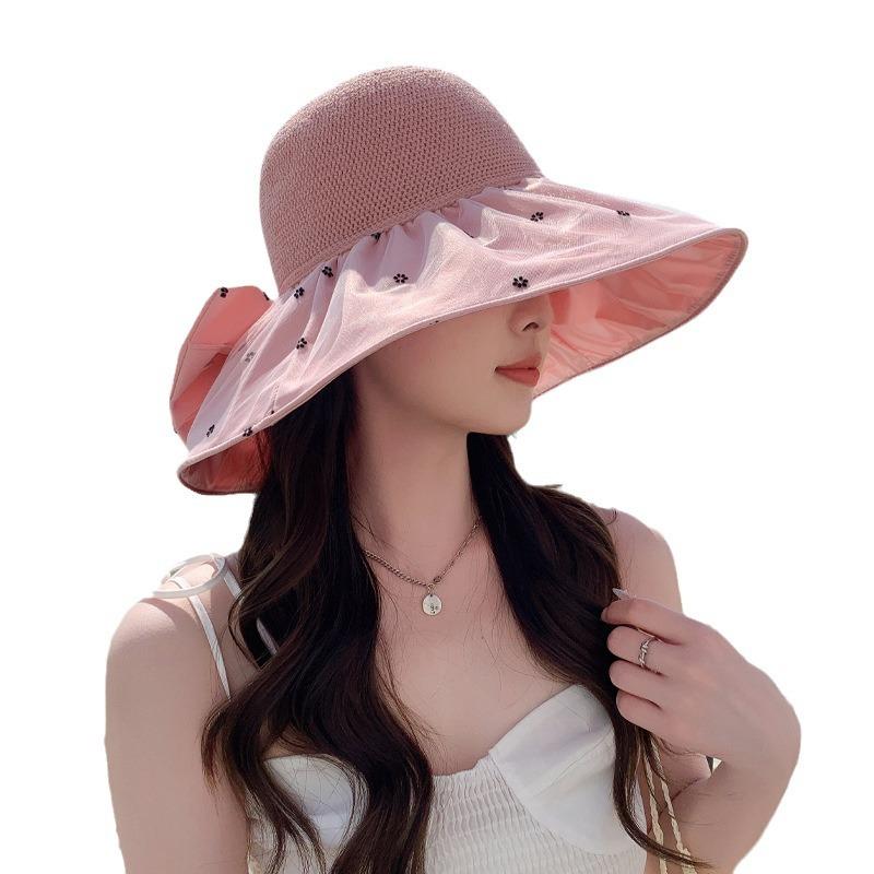 Color glue hat women's mesh bucket hat bow sunscreen sun hat summer mesh breathable sun hat