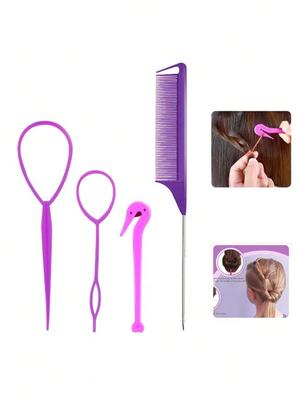 4pcs French Knitting Tool Steel Needle Mouse Tail Comb Generator Elastic Headband for Hair Styling Special for Real Hair Wigs