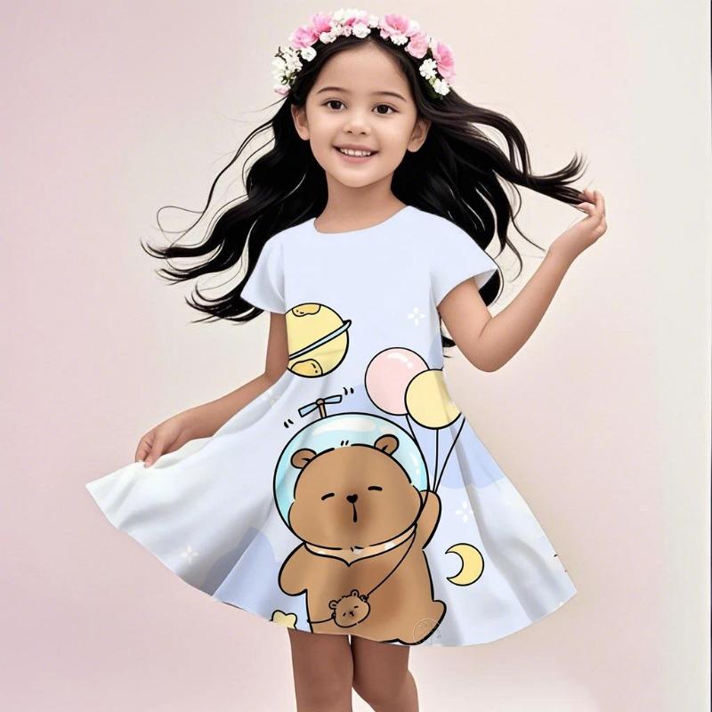 2026 Cute Sunshine Capybaras Summer Round Neck Children Dress Cute Girl Short Sleeve Doll Dress Birthday Gift Princess Dress