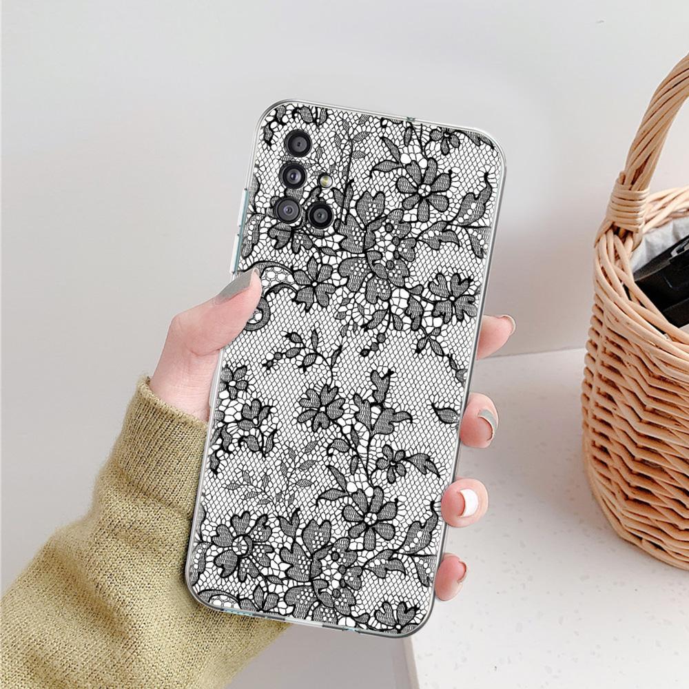 Phone Case For Samsung A15 A13 A35 A55 A51 A71 A41 A31 A21S A03S A05 A17 A23 A25 A33 A53 A73 5G A07 4G Clear Cover Lace Printed