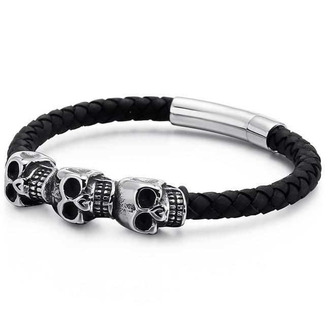 

Плетеный черный, красный кожаный браслет для мужчин, мужские браслеты из воловьей кожи, панк-рок, готика, нержавеющая сталь 316L, ювелирные изделия с черепом 21cm