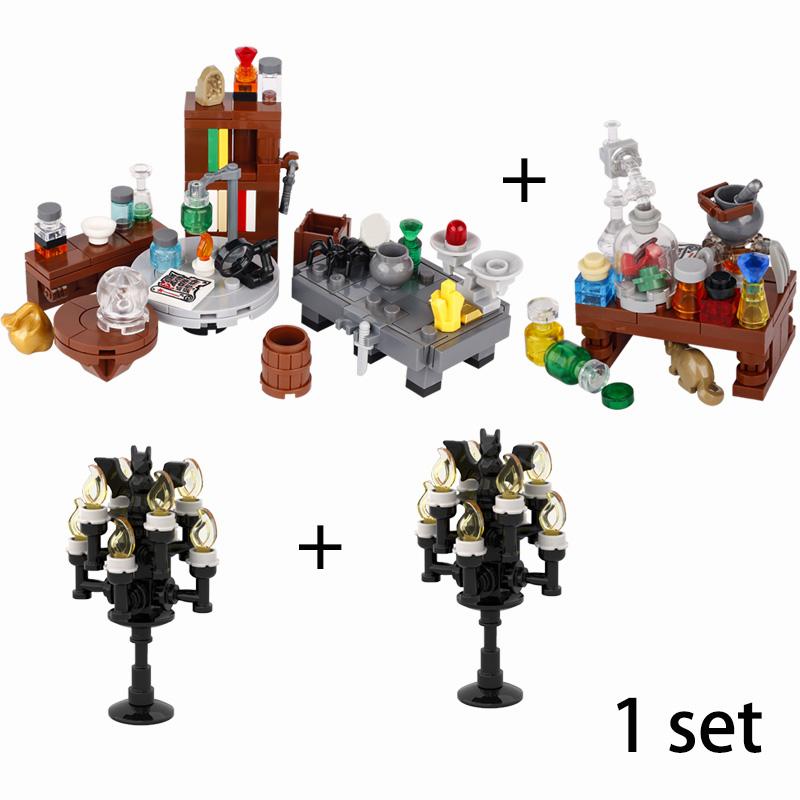 MOC Steine Mittelalter Alchemie Raum Küche Zauberer Trank Bausteine Teufelsquelle Schloss Straßenlaterne Hexen Figuren Szene Schädel
