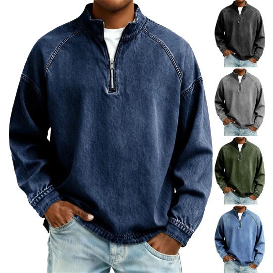 Men Denim Pullover Quarter Zip Stand Collar Vintage Casual Sweatshirt Distressed Loose Mock Neck Golf Shirt for Party Street Vacation