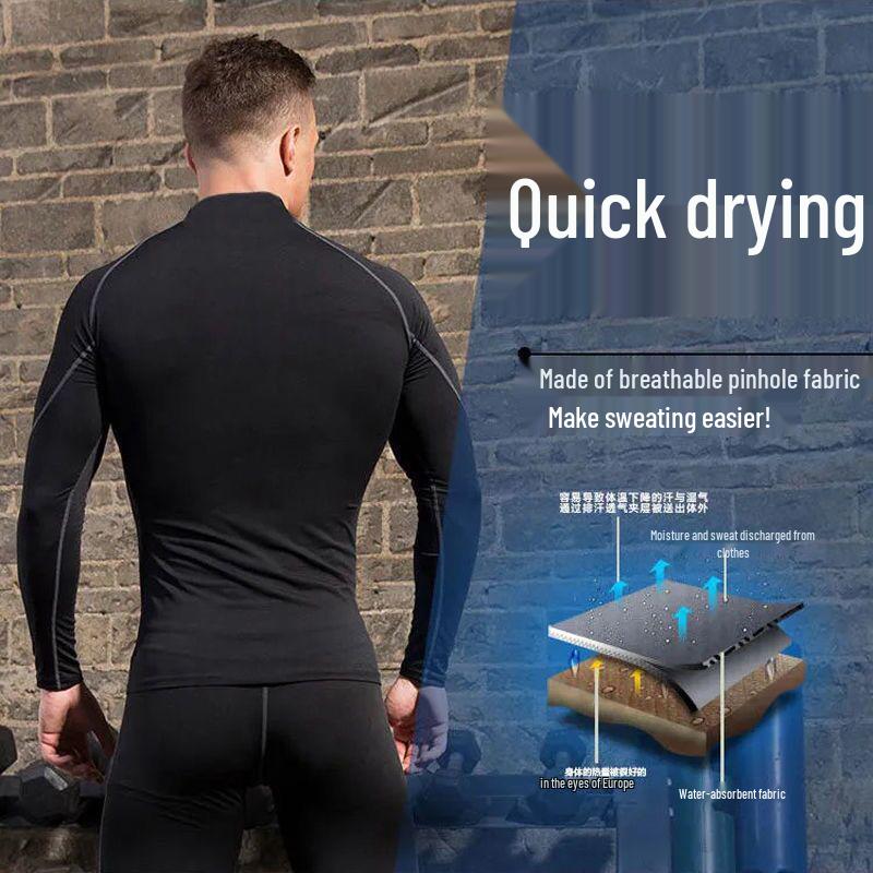 Men's Long Sleeve High Neck Sport Bodysuit - Quick-Dry High Elastic Fitness Training Base Layer Top