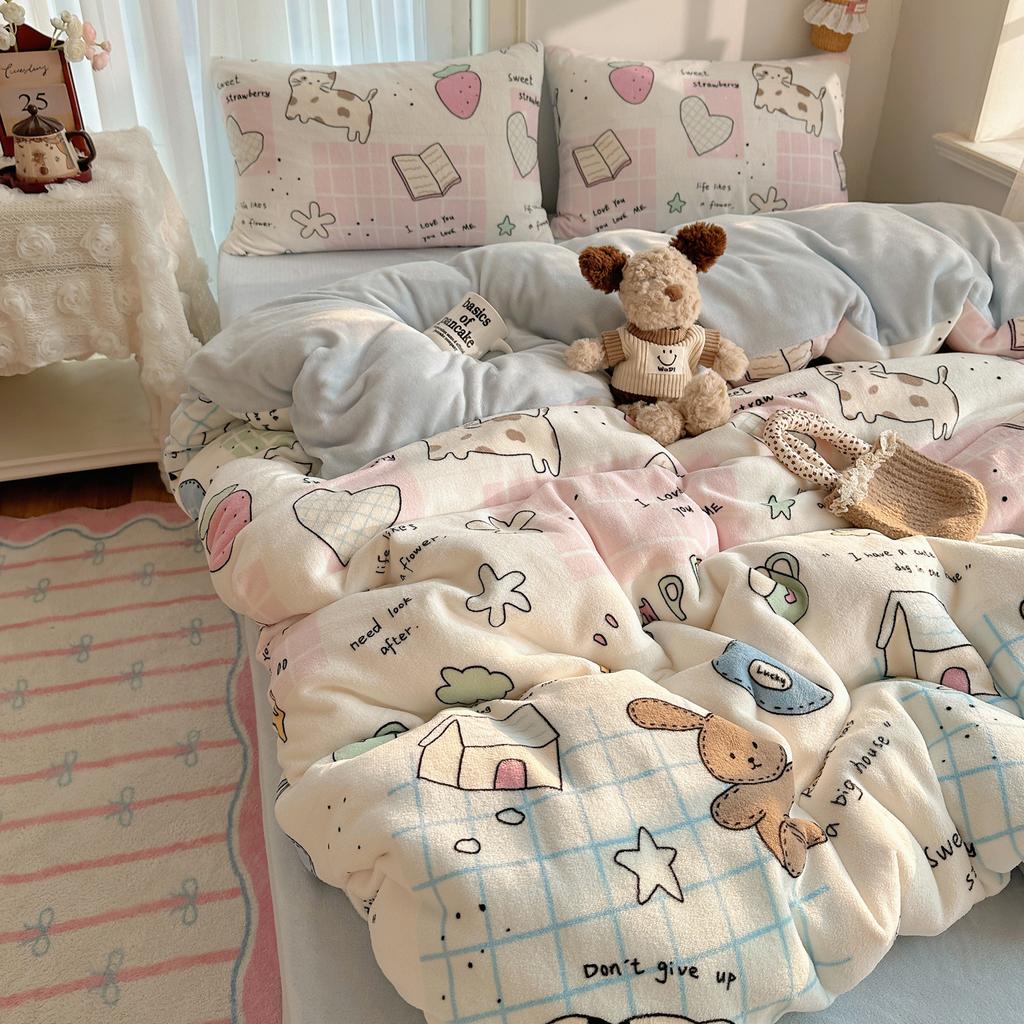Cartoon Cute Double-Sided Fleece Thickened Milk Fleece Four-Piece Set, Student Dormitory Three-Piece Set, Bedding