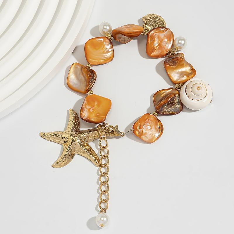 Retro Seestern Weiße Muschel Kauri Anhänger Halskette Damen Schlicht Kreativ Bunte Steine Handgewebt Strand Schmuck Mädchen