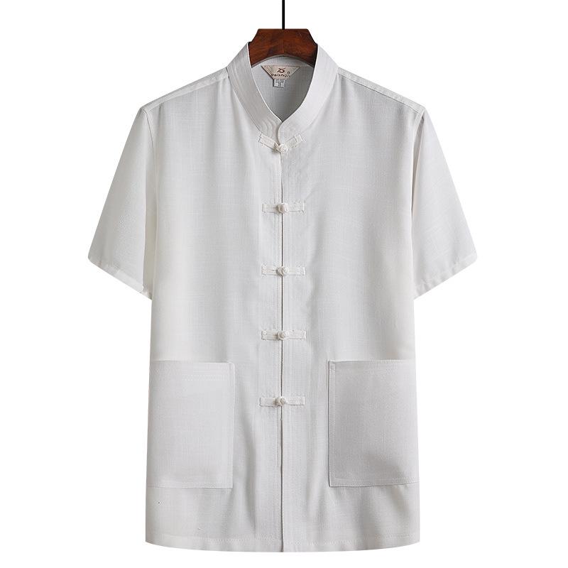 Men’s Summer Cotton Linen Tang Suit Top - Short Sleeve, Frog Button, Loose Fit, Casual Style for Middle-Aged & Elderly