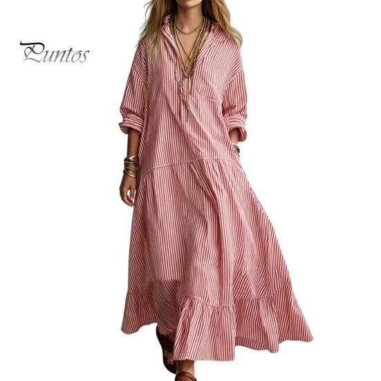 Comfortable Summer Dress Women Striped Long Sleeve Dress, V-Neck Collar Maxi Shirt Elegant for Autumn, Breathable Loose Fit Casual Retro