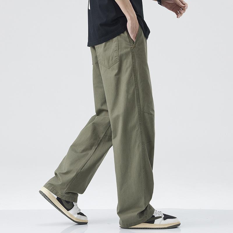 American retro trendy brand pure cotton casual pants men's summer solid color simple loose wide-leg straight trousers