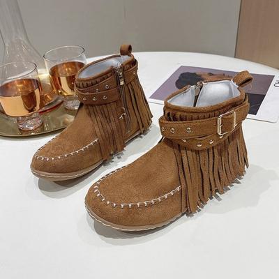 Fashion Flat Inside Increase Women's Boots Autumn Winter New Round Head Fringe Side Zipper Ankle Boots