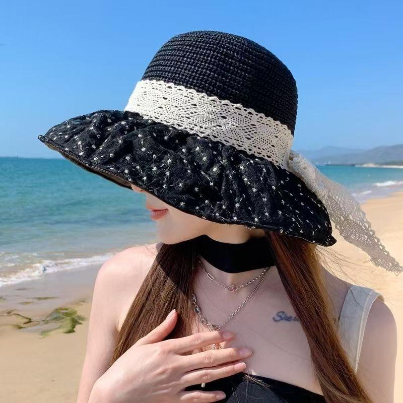 Summer Female Daisy Lace Bow Straw Hat Big Brim Sunshade Sunscreen Hat Fashionable Versatile Bucket Hat